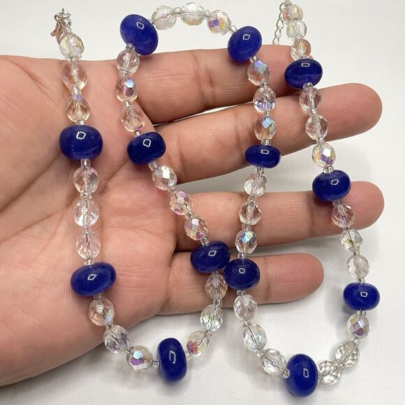 Earthmind Blue India Gemstone White AB Glass Beaded Necklace Statement Boho - Picture 6 of 7